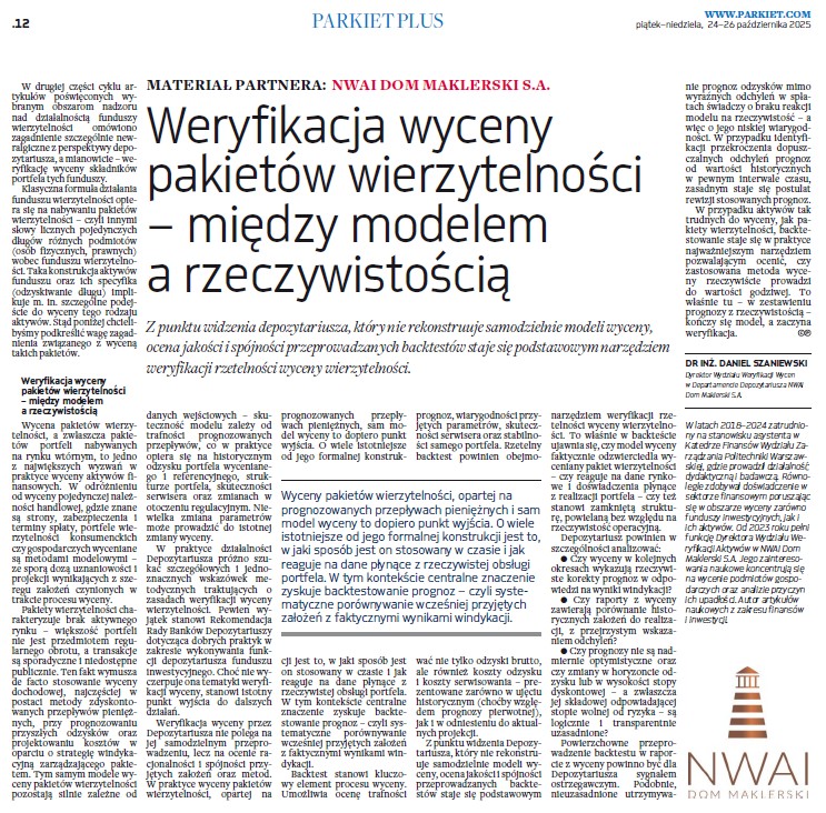 Kontynuujemy w <a href="/Parkietcom/">Parkiet</a> cykl artykułów poświęconych funduszom wierzytelności, przygotowanych przez pracowników Departamentu Depozytariusza NWAI DM. 

parkiet.com/finanse/art432…

📩 Szukasz profesjonalnego depozytariusza?
📩 depo@nwai.pl
 NWAI Dom Maklerski S.A.