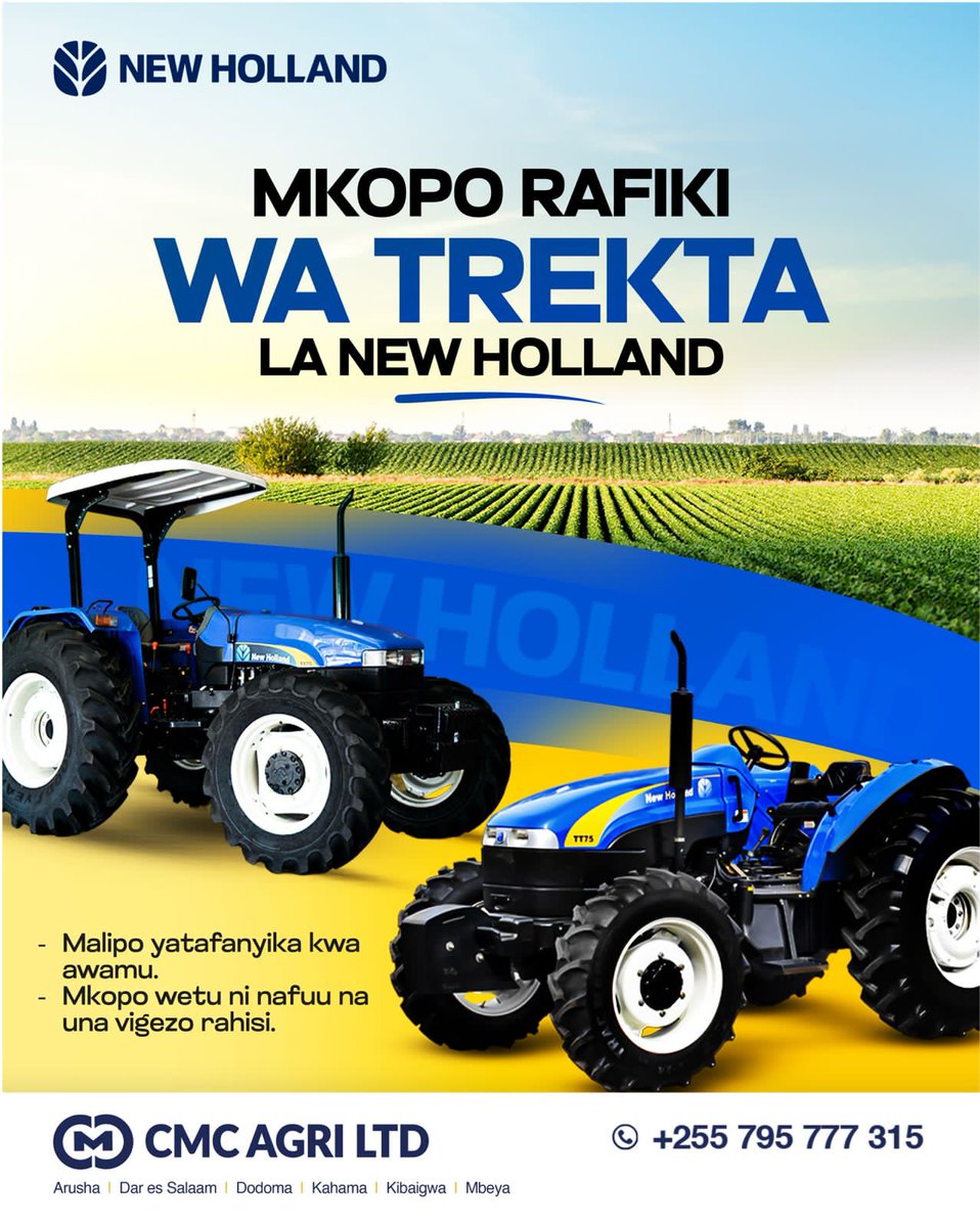 petertemu's tweet photo. Karibu ujipatie mkopo wenye masharti nafuu na rafiki. CMC Agri Ltd  wahirika wako katika kilimo change tija. New Holland tractor BORA  Tanzania. 0762 461 460.
#kilimo #wizarayakilimo #newholland #trekta #kilimotanzania https://t.co/LVEN4bVaiw