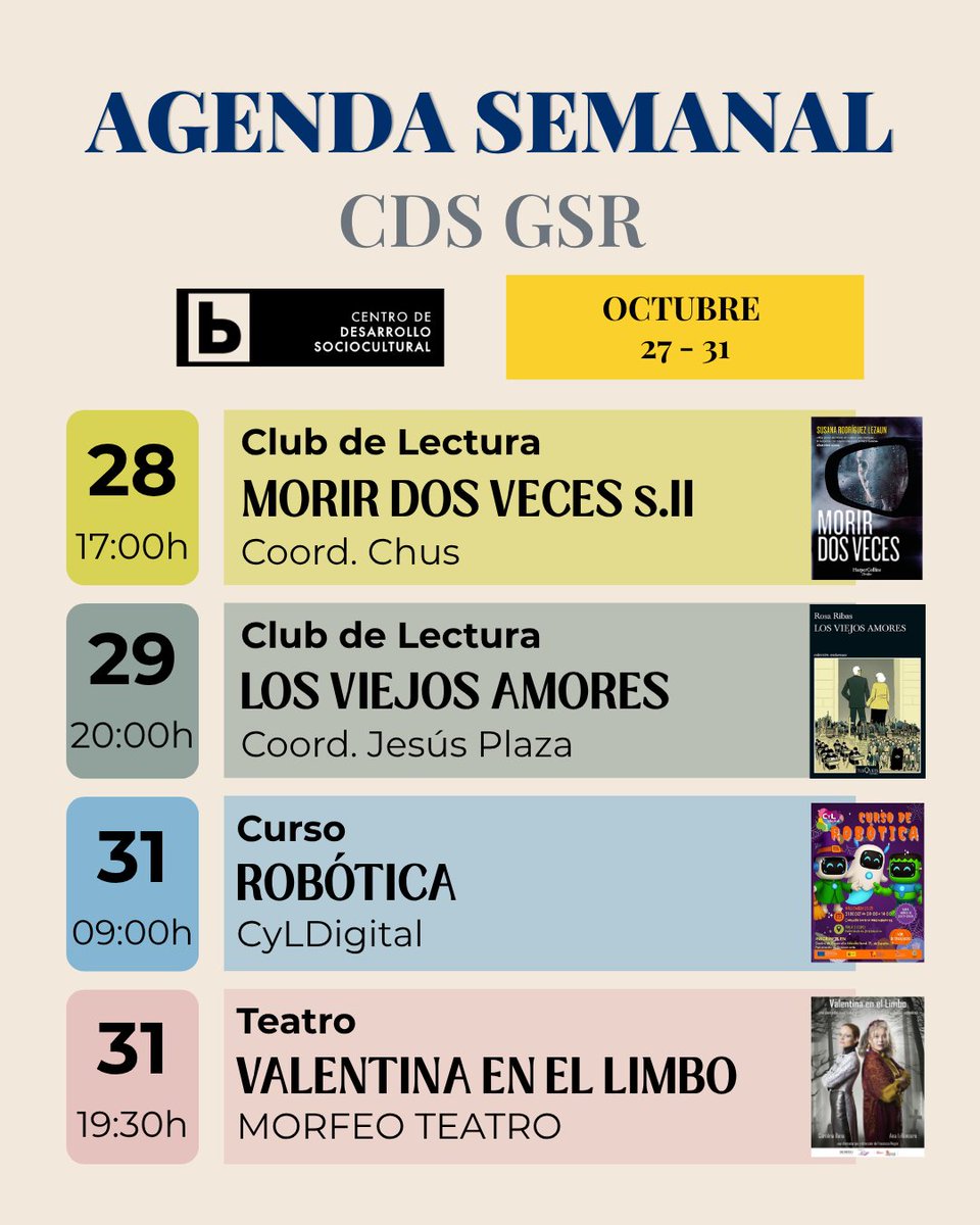 📅 Semana en CDS GSR.
📖 Mar 28 · Morir dos veces
📚 Mié 29 · Mendel el de los libros
🤖 Vie 31 · Curso de Robótica
🎭 Vie 31 · Valentina en el limbo
#BibliotecaPeñaranda #AgendaBPM #CulturaEnPeñaranda