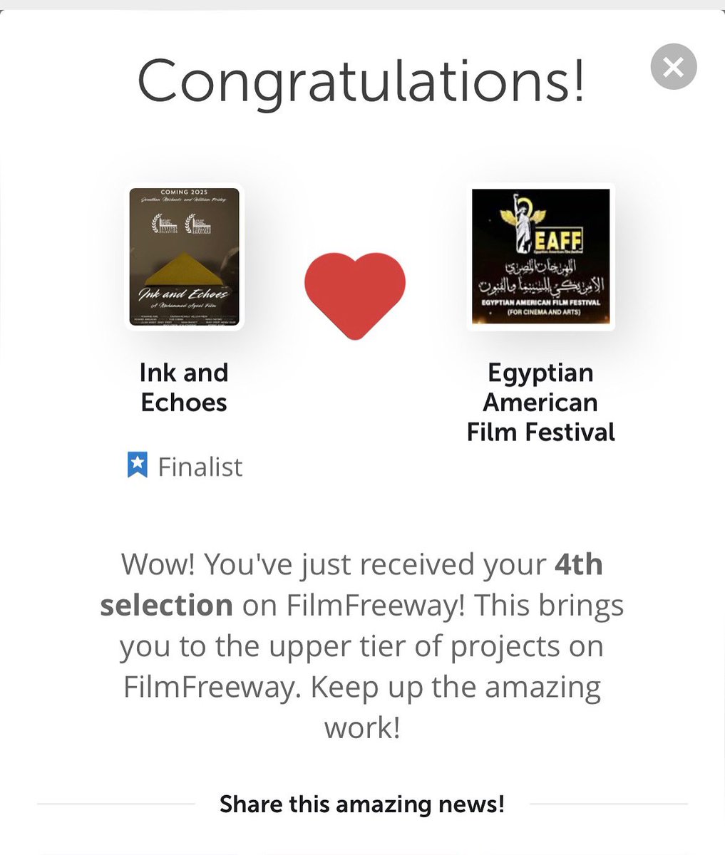 سعيد جدا بوصول فيلمي Ink and Echoes للمرحلة النهائية في مهرجان السينما والفنون المصري الامريكي اللي بيكون في الولايات المتحدة من ٣١ اكتوبر لحتى ل ٤ نوفمبر. فخور جدا بهذي الرحلة وممتن لكل من كان خلف هذا العمل اللي يعني لي الكثير🤍🤍.