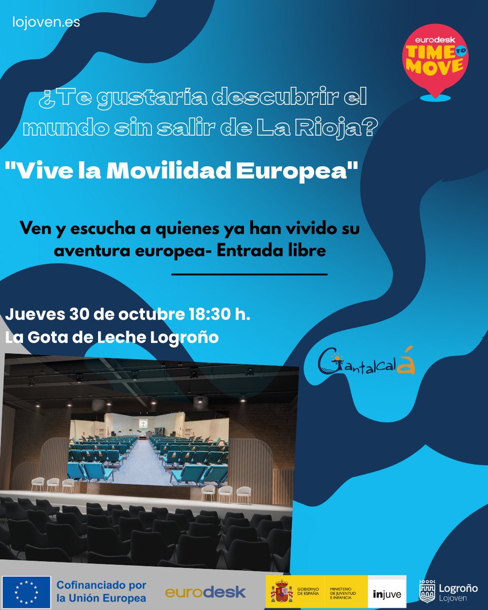 🌍Vive la experiencia de la movilidad europea en primera persona🧳
 🕐Jueves 30 octubre 18:30h
📍 Patio La Gota de Leche #Logroño
🎯Actividad abierta (Entrada libre)
🎤Qué encontrarás⤵️
🗣️Personas que han vivido una aventura🇪🇺
➕ℹ️acortar.link/GfNUo2 
#TimoToMove25 #Eurodesk
