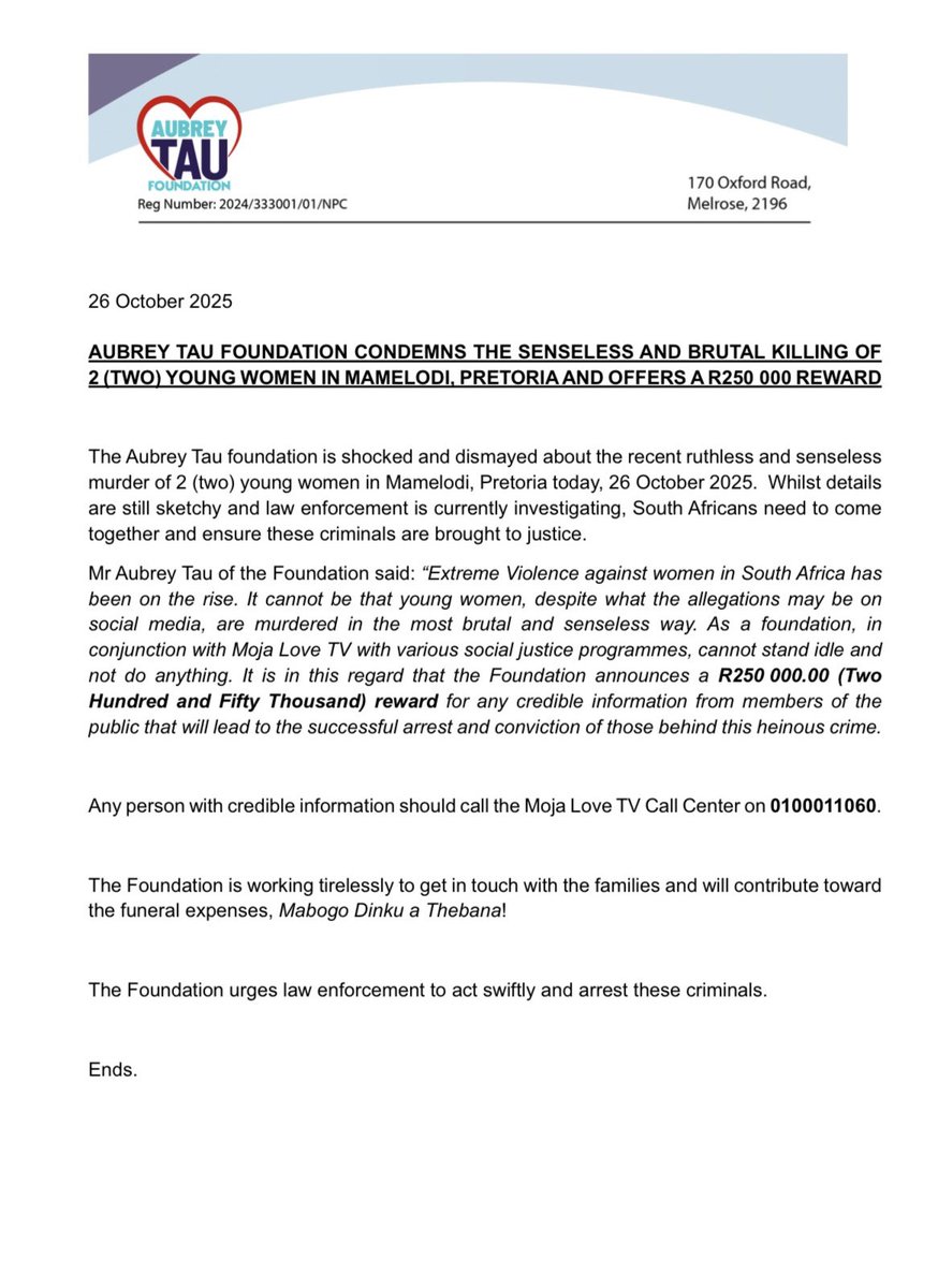 PhilMphela's tweet photo. STATEMENT: 

Aubrey Tau Foundation has offered a reward of R250 000(Two Hundred and Fifty Thousand rand) for credible information that would lead to the arrest in the Mamelodi murders. 

Cousins Tshiamo Moramaga (22) and Baleseng Moramaga (21) were shot execution style in Mamelodi East, Tshwane, and discovered on Sunday morning