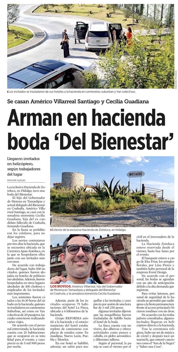 La boda del Bienestar. 
500 invitados, todos transportados desde hoteles de lujo en camionetas Suburban y vans privadas.

Algunos llegaron en helicóptero.
Se prohibieron los celulares para evitar filtraciones.

Nada de “pueblo bueno”. Solo élite morenista.