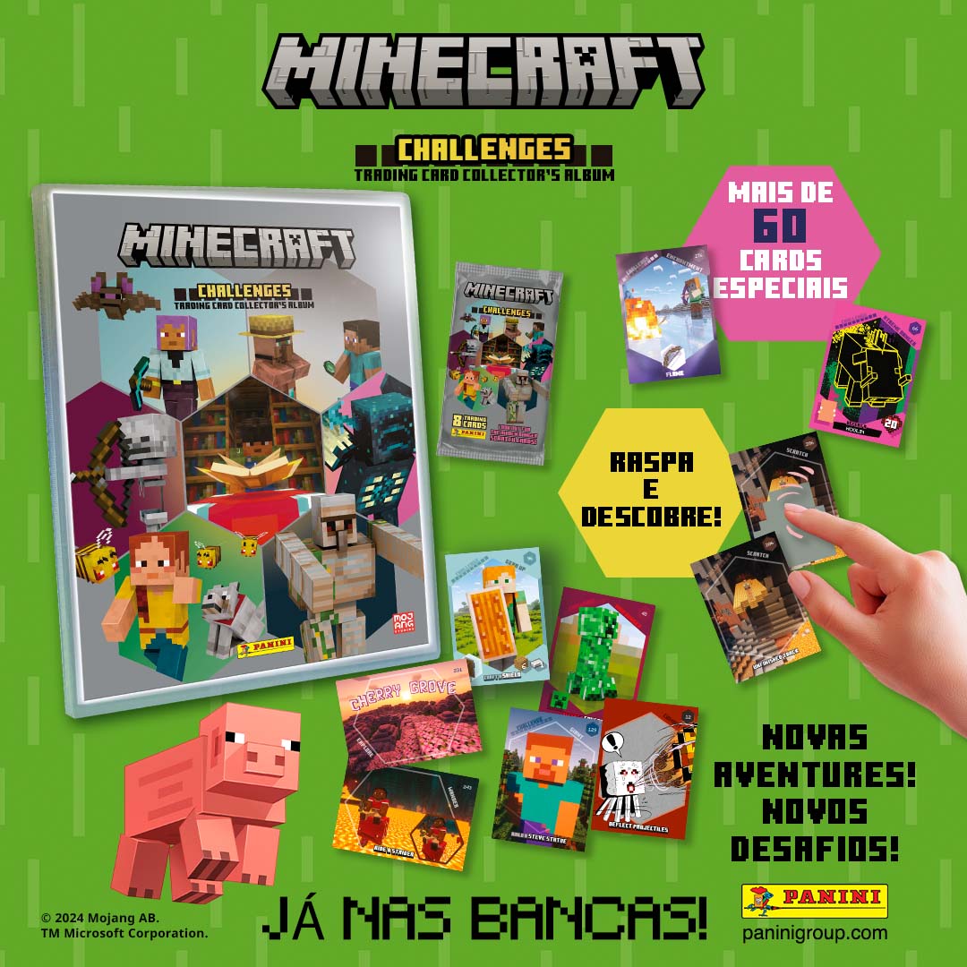 🌟 Bem-vindos ao mundo do MINECRAFT!
Coleciona as 243 cards, incluindo especiais  e aceita todos os desafios  propostos!
Procura o Starter Pack de lançamento e mergulha de imediato no mundo do Minecraft.
Uma coleção para colecionar, explorar, criar e enfrentar grandes desafios!