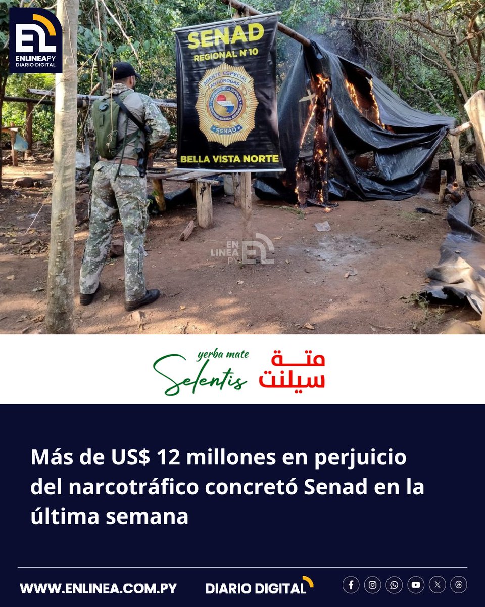 enlinea_py's tweet image. Un perjuicio económico de 12.393.460 dólares es lo estimado en la suma de incautaciones realizadas por la Secretaría Nacional Antidrogas (Senad) en la úlitma semana, durante operativos que se desplegaron en varios departamentos del país.
enlinea.com.py/mas-de-us-12-m…