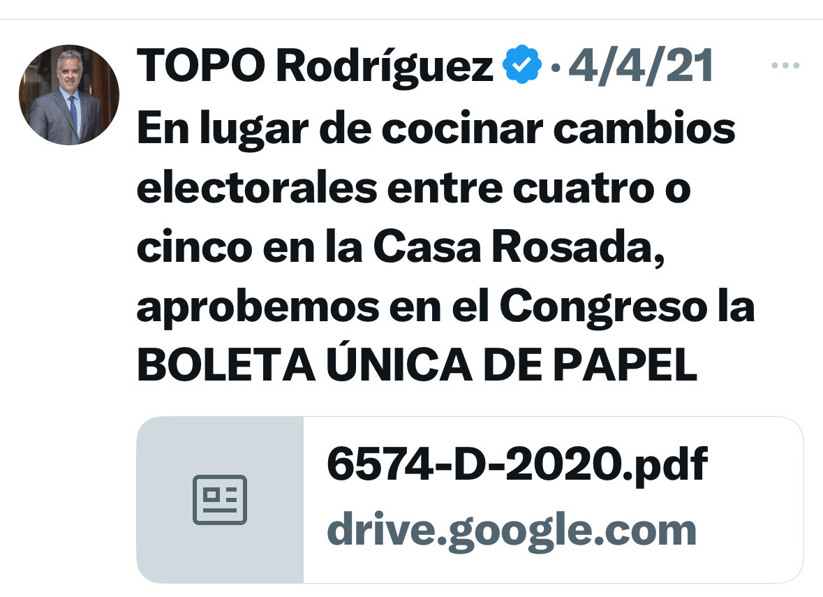 BOLETA ÚNICA DE PAPEL

La Boleta Única de Papel es un avance excepcional. La impulsamos desde hace muchos años y, en el Congreso, ayudamos a que sea Ley. Es lamentable que algunos se enojen con el sistema. Lo criticaron duramente hasta ayer, mientras se estaba votando.