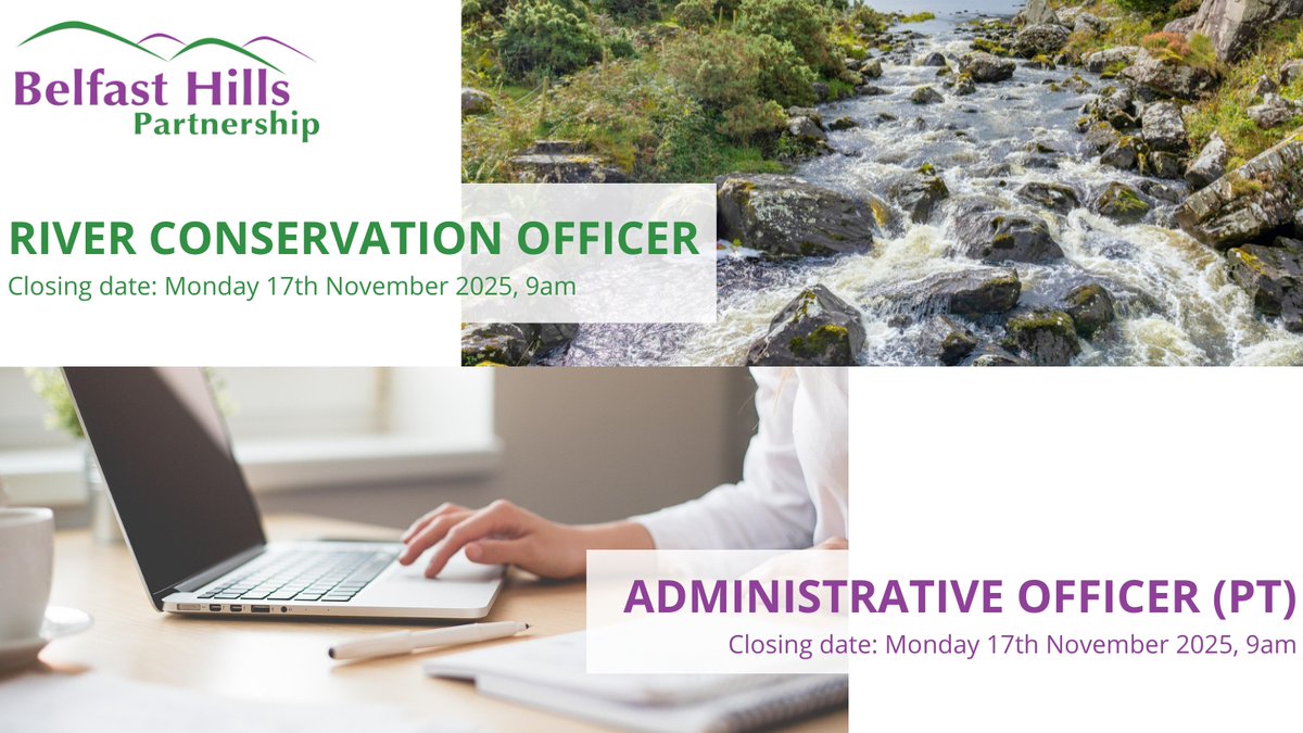We're hiring! Belfast Hills Partnership are delighted to announce that we have two vacancies which have opened recently: River Conservation Officer &amp; Administrative Officer (PT).

Both roles have a closing date of Monday 17th November 2025 at 9am.
belfasthills.org/jobs/