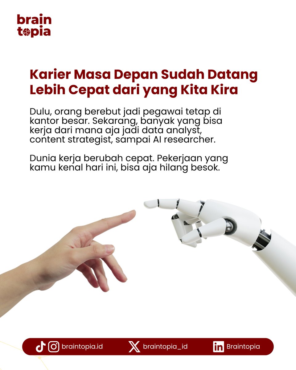 braintopia_id's tweet photo. Dunia kerja berubah cepat yang bertahan bukan yang paling pintar, tapi yang paling adaptif ⚡
Upgrade skill-mu dan siapin diri untuk masa depan karier!
#FutureSkills #Braintopia #KerjaCerdas https://t.co/FSIr0jW0La
