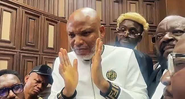 Mazi Nnamdi Kanu.

“Join me in praising God. I have gone through my case file, and there is no charge against me,” he started.

“There is no extant law in this country upon which the prosecution can predicate the charges against me. If there’s any, let my Lord read it out to me.