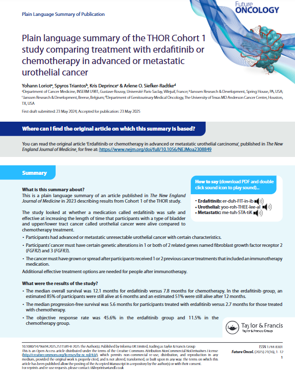 PlainLangSumm's tweet image. What happens when immunotherapy stops working? Research examines alternative treatment for metastatic urothelial cancer patients with FGFR2/3 mutations. Read the full summary here👇
hubs.ly/Q03Nqlkt0

#PlainLanguageSummary #BladderCancer