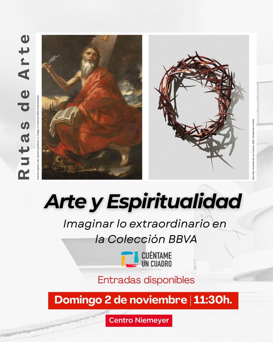 🎨 Rutas de Arte | «Arte y Espiritualidad. Imaginar lo extraordinario»

Este domingo, 2 de noviembre, tienes una nueva oportunidad para disfrutar de las Rutas de Arte en la exposición organizada por el Centro Niemeyer y <a href="/BBVA_espana/">BBVA en España</a>, comisariada por Alfonso de la Torre.