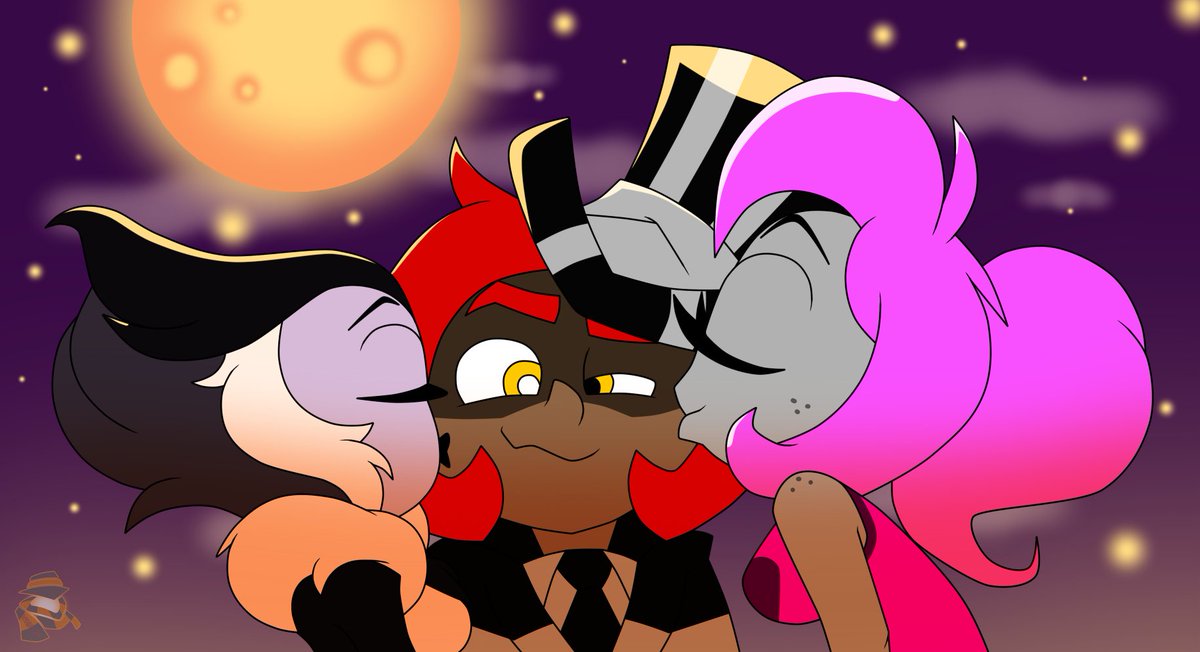 OktoberScarfART's tweet image. Three-way kiss on a spooky full moon night with monster gals. Girls belong to. @Llua_blue Odeth @Montatora_501 Simone. Jasper is mine.
