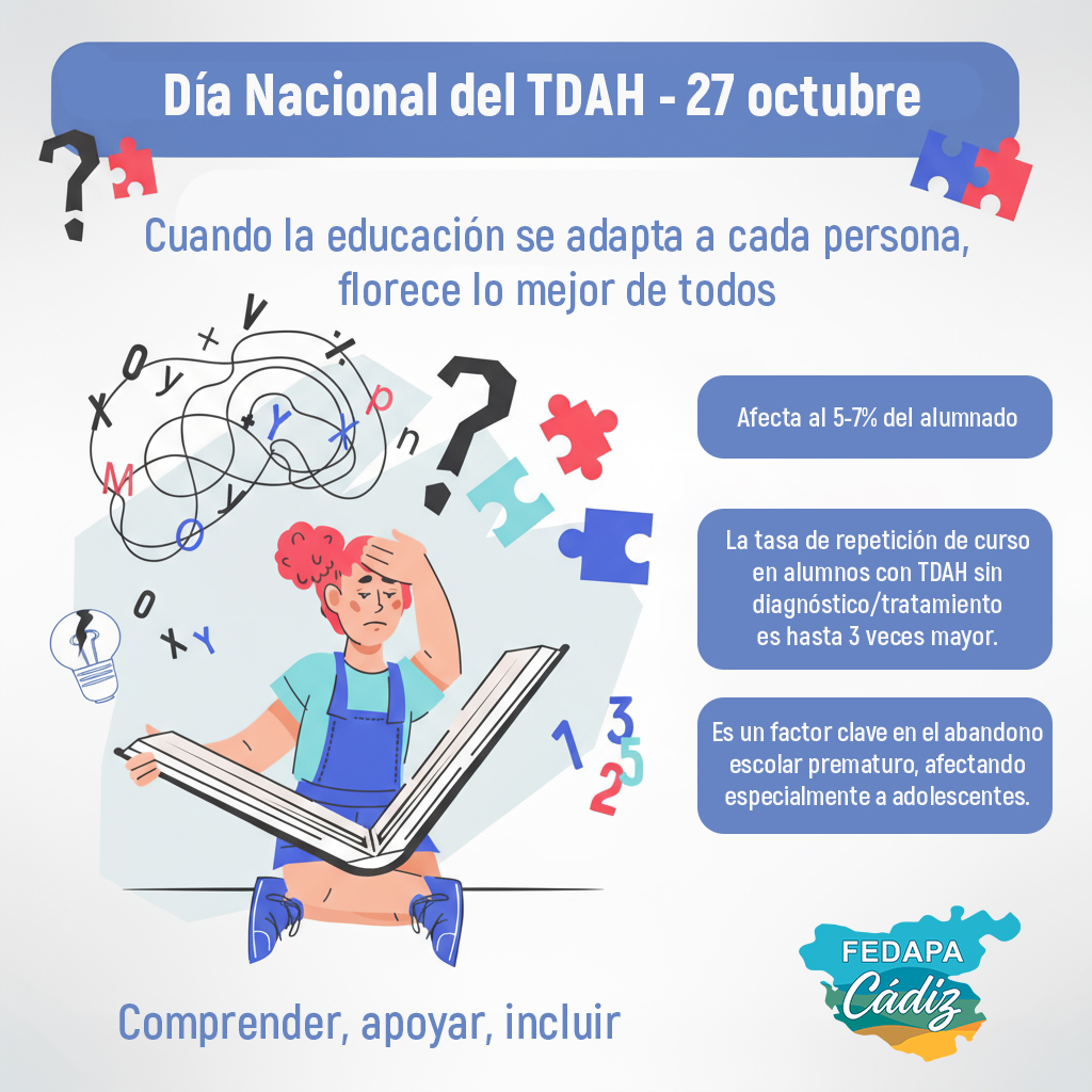 ¡𝟮𝟳 𝗱𝗲 𝗼𝗰𝘁𝘂𝗯𝗿𝗲: 𝗗𝗶́𝗮 𝗡𝗮𝗰𝗶𝗼𝗻𝗮𝗹 𝗱𝗲𝗹 𝗧𝗗𝗔𝗛! 🧡

Desde FEDAPA Cádiz, recordamos que una educación pública de calidad debe ser, ante todo, inclusiva. Visibilizar el Trastorno por TDAH es clave para garantizar el éxito escolar de todos.