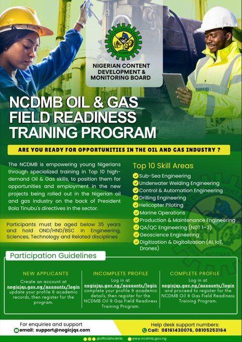 This program is only open to participants aged below 35 years, who possess OND/HND/BSC in Petroleum, Mechanical, Chemical, Electrical, Civil, Gas, Welding and Metallurgy. Other applicable fields are Geology, Geophysics, Computer Sciences/ Engineering and other science related