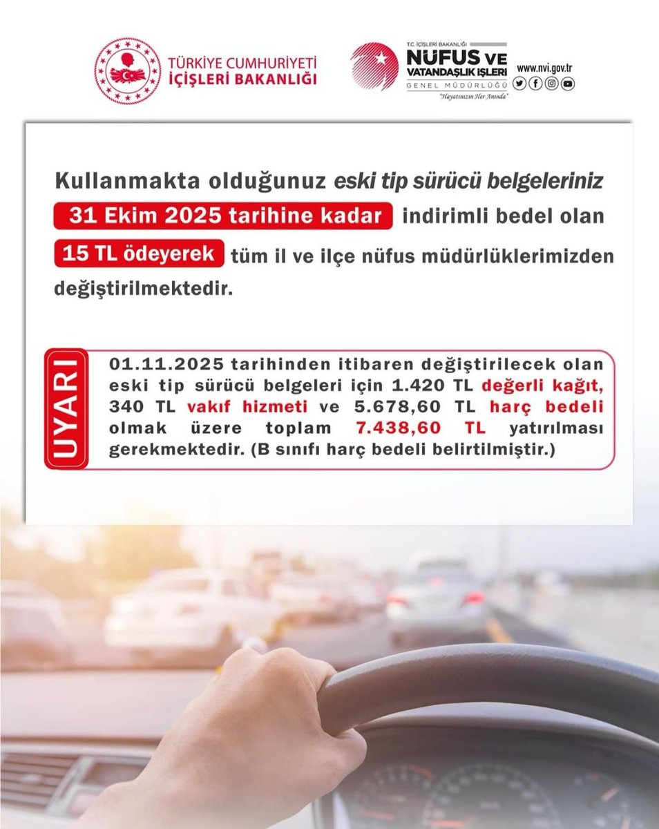 Eski tip sürücü belgesine sahip olan vatandaşlarımızın dikkatine ❗ ❗ 

📢Eski sürücü belgelerinin son kullanım tarihi 31 Ekim 📢2025'tir.

📌Yüz 199

📌Randevu.nvi.gov.tr

📌e-Devlet aracılığıyla randevu alarak başvurularınızı gerçekleştirebilirsiniz.