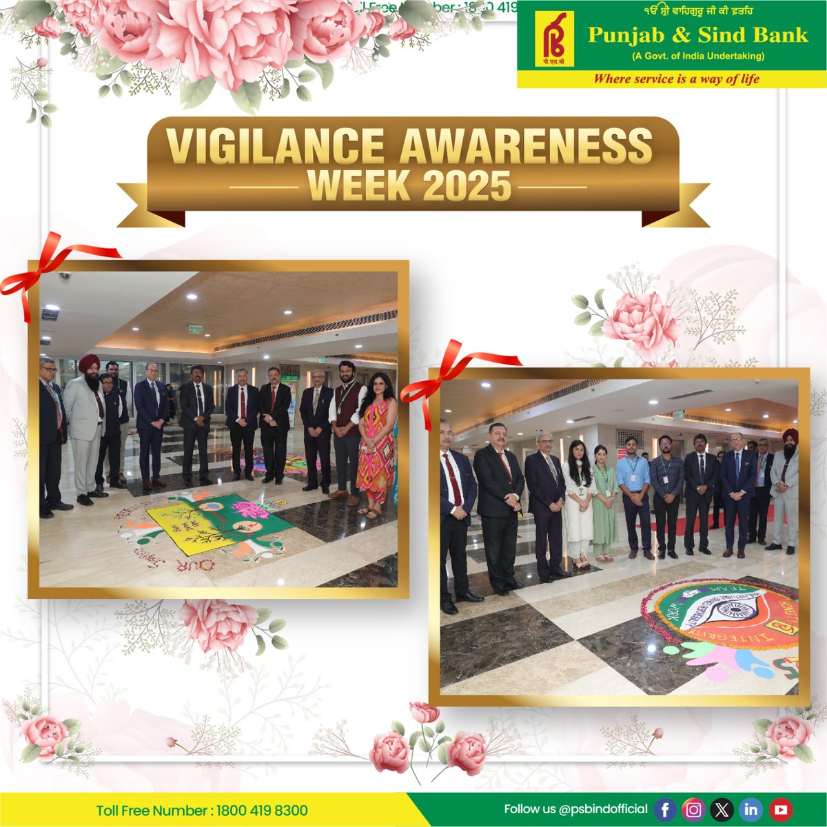 PSBIndOfficial's tweet photo. On the ocassion of VAW 2025, Rangoli competition was organised by Punjab & Sind Bank and appreciated by Shri P.K. Srivastava, Central Vigilance Commissioner, CVC.
#punjabandsindbank #VigilantIndia #CorruptionFreeIndia #AwarenessWeek #PublicSectorBank #Transparency #Accountability #TrustAndIntegrity #NationFirst #EthicalBanking #VigilanceAwareness #PSBVigilance #HonestIndia #IntegrityPledge #BuildingTrust #SatyamevJayate #VigilanceAwarenessWeek2025 #VigilanceOurSharedResponsibility #P&SBCares #whereserviceisawayoflife