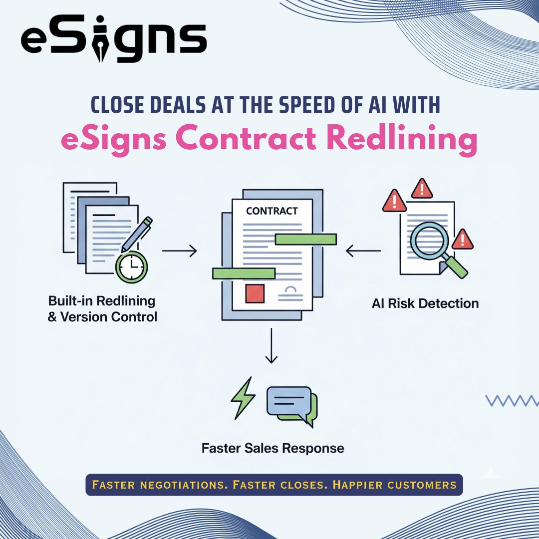 eSignsSoftware's tweet image. Contracts slowing you down? With eSigns AI Contract Redlining, streamline negotiations, mitigate risks, help sales respond faster, and close deals sooner. Book A Demo Now!
#AIContractManagement #SmartRedlining #ContractAutomation #eSignature #LegalTech #ContractReview #CLM