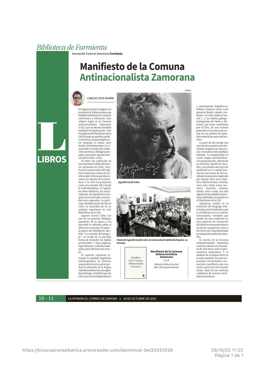 Furmientu's tweet photo. Biblioteca de Furmientu. Manifiesto de la comuna antinacionalista #zamorana, de Agustín García Calvo. Reseña de Carlos Coca Durán. Publicado ayer en la @opiniondezamora. https://t.co/N2qJg4xYFU