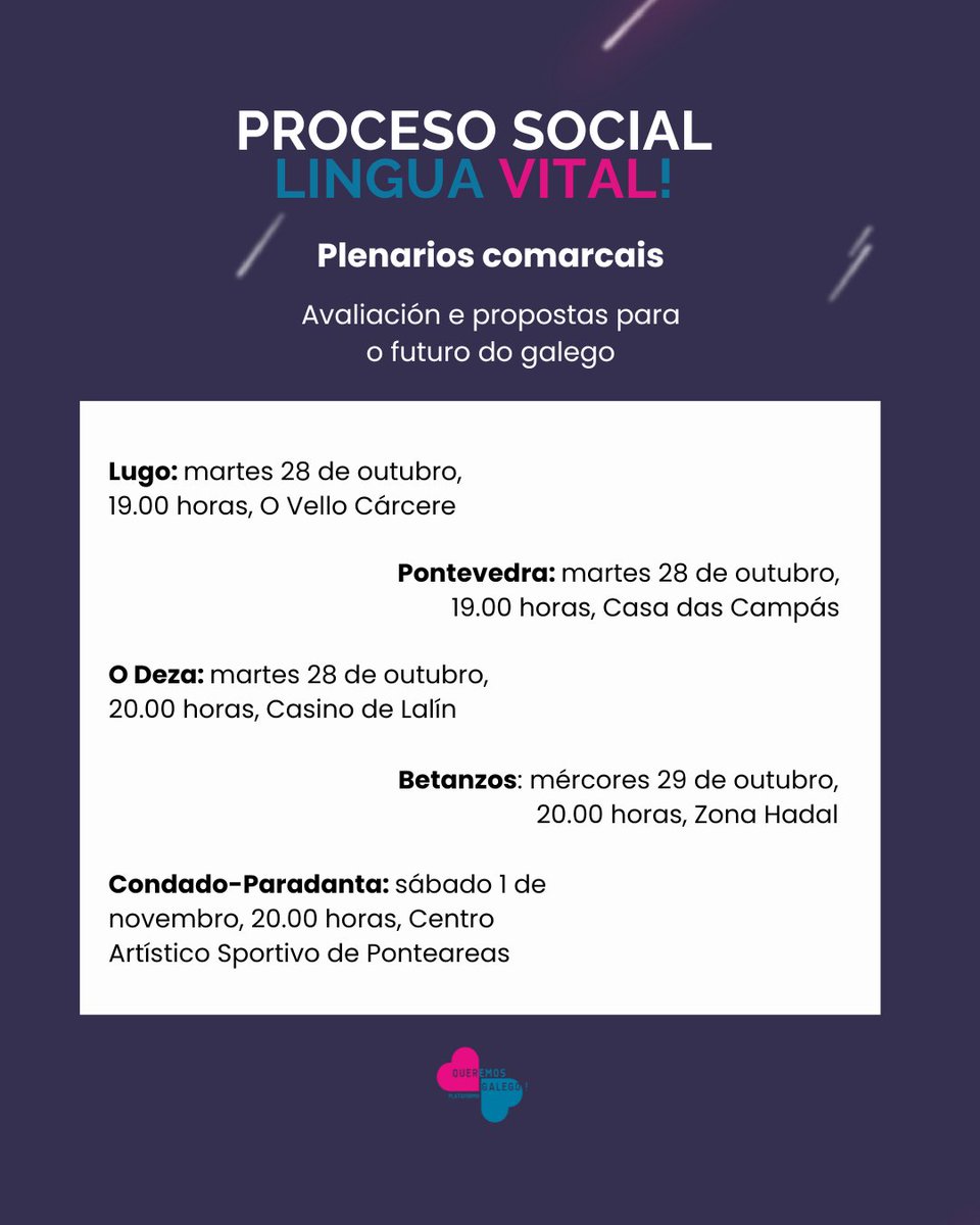 QueremosGalego's tweet image. 📍Lugo, Pontevedra, Lalín, Betanzos e Ponteareas acollen os plenarios de Queremos Galego desta semana 👥️

Máis información en queremosgalego.gal 

#QueremosGalego