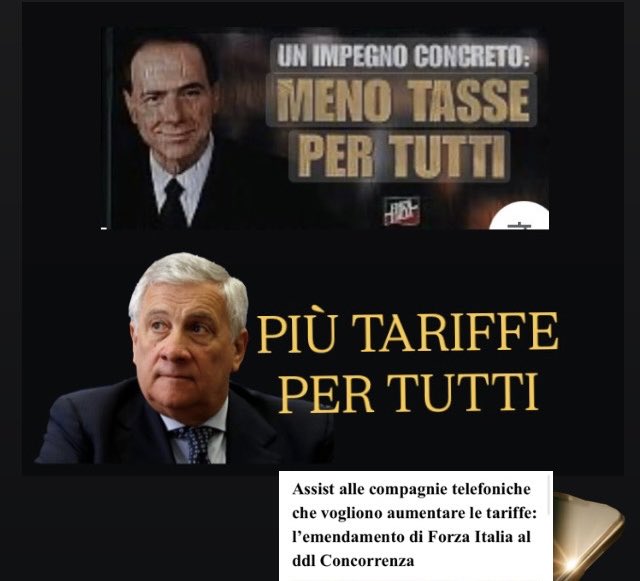 Forza Italia ha presentato un emendamento che prevede aumenti tariffari annuali automatici a favore delle compagnie telefoniche, senza possibilità di recesso da parte dell’utente.
Una volta era il partito del meno tasse per tutti ora è diventato quello del più tariffe per tutti!