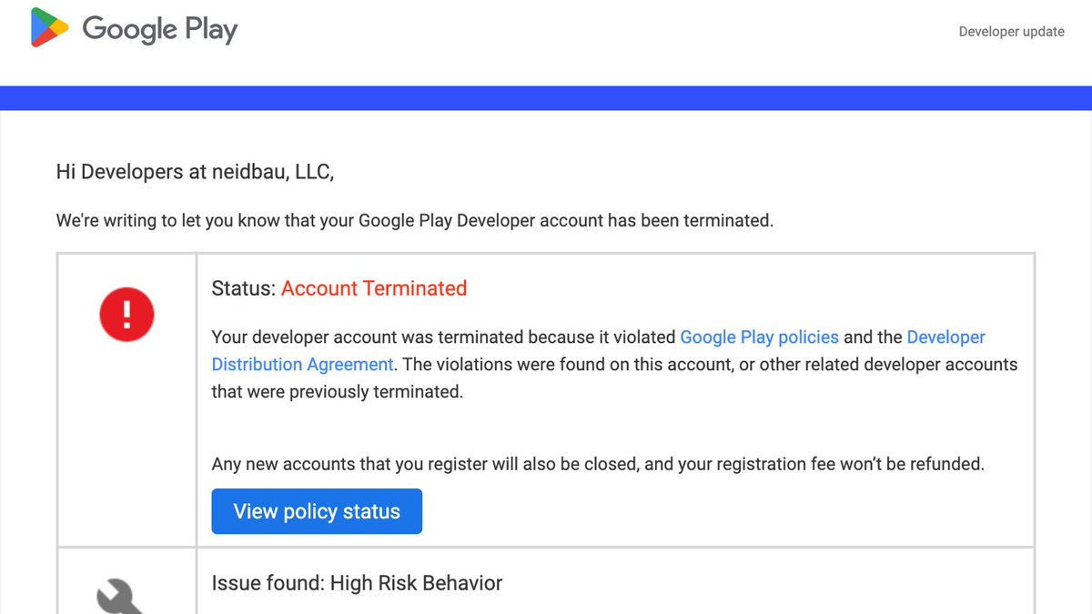 celal_dev's tweet photo. FeelFree – #buildinpublic

Google Play just shocked me 😲
My app had been under review for 10 days, and instead of a response, I got a message saying my entire developer account was closed for “high risk behavior.”

The reason seems to be that my previous personal account, which was closed years ago due to inactivity, was linked to my new company account (neidbau LLC).

I’ve already appealed and explained everything.
Hoping Google reviews it fairly and reopens the account soon.