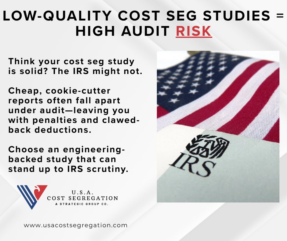 usacostseg's tweet photo. If your cost segregation study isn’t detailed, documented, and defensible, you could be exposed in an IRS audit.  Quality isn’t just about higher deductions—it’s about keeping them when it counts. #USACostSegregation #RiskManagement https://t.co/zpRdP3HWP1