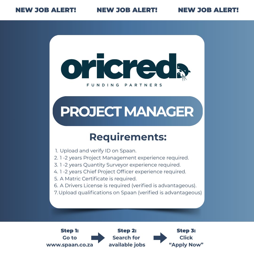 🚀 Oricred is hiring a Project Manager! Lead projects end-to-end , ensure QA/QC &amp; deliver results.

📌 Requirements: 1–2 yrs experience, Matric, Driver’s License, Spaan-verified ID &amp; a completed profile!

🗓 Closing: 1 Nov 2025
 Apply via spaan.co.za