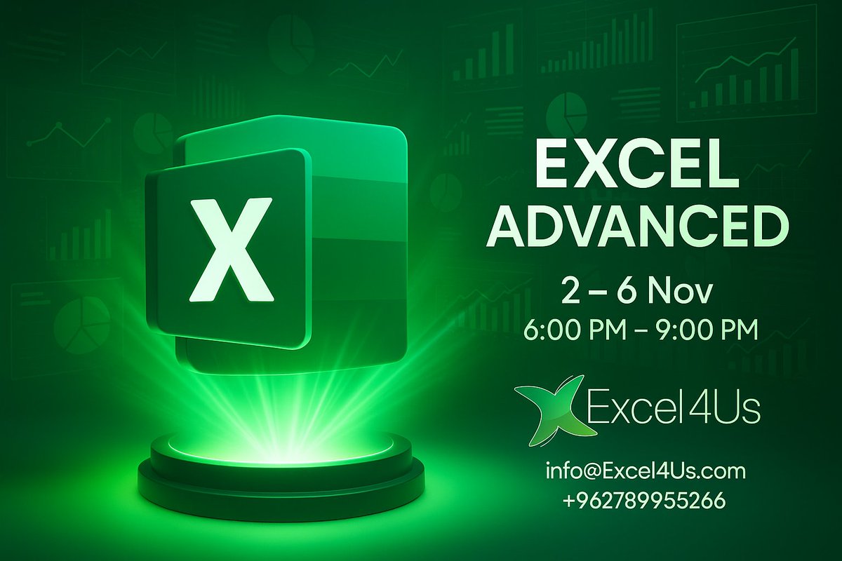 Excel4UsJo's tweet image. جاهز ترفع مستواك بالإكسل؟
سجّل بدورة The Power of Excel – Advanced Skills وخليك المرجع الأول بالتحليل والتقارير
Power Query | PivotTables | VBA | دوال شرطية
🗓️ 2–6 نوفمبر 2025 | 🕕 6–9 م|أونلاين عبر MS Teams
خصم خاص للمجموعات
#Excel #PivotTables #VBA #تحليل_بيانات #تدريب_أونلاين