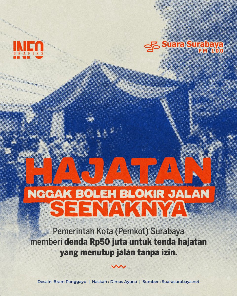 e100ss's tweet photo. #infografiss - Pemkot Surabaya memberi denda Rp50 juta untuk tenda hajatan yang menutup jalan tanpa izin.

Perlu diketahui, pemblokiran jalan tidak boleh dilakukan begitu saja, harus ada izin dan beberapa hal yang perlu diperhatikan. Berikut aturannya. https://t.co/1VLApzTRPB