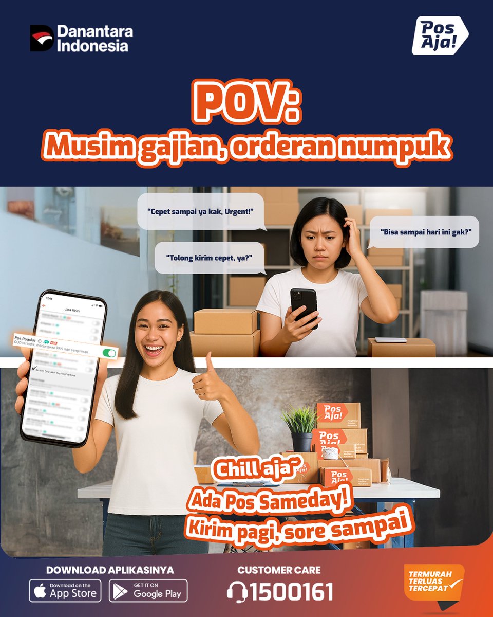 Musim gajian datang, notifikasi orderan numpuk?
Santai, kirimnya pakai Pos SameDay! 🚚💨

✅ Pengiriman instan dalam kota
✅ Tiba di hari yang sama
✅ Cepat dan efisien

Biar semua orderan pelanggan sampai tepat waktu tanpa drama! Yuk, aktifkan layanan terbaik PosAja! di Shopee