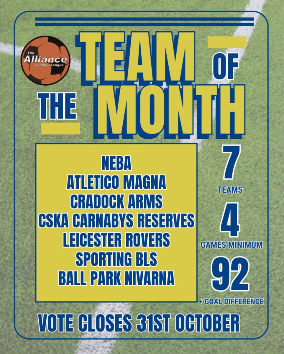 Team of the Month - October
Congratulations to the teams in the vote
- Playing 4 games was the requirements 

Shout out to Tophouse, Melton Athletic and Braunstone Irons who were up beaten in 3

Vote via emailmeform.com/builder/form/p…

MDH Teamwear &amp; Trophies match ball the prize