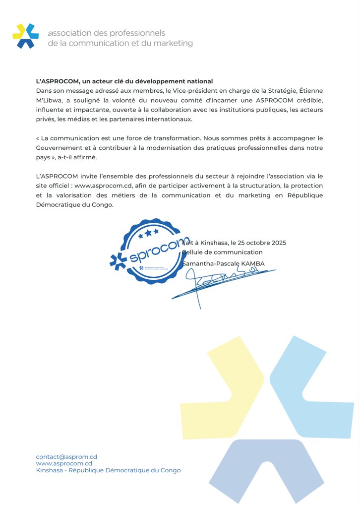 Nouvelle ère pour la communication et le marketing en RDC 🇨🇩
L’ASPROCOM officialise la remise et reprise de son comité exécutif. 

#ASPROCOM243 #COVOT #Communication #marketing  #RDC
