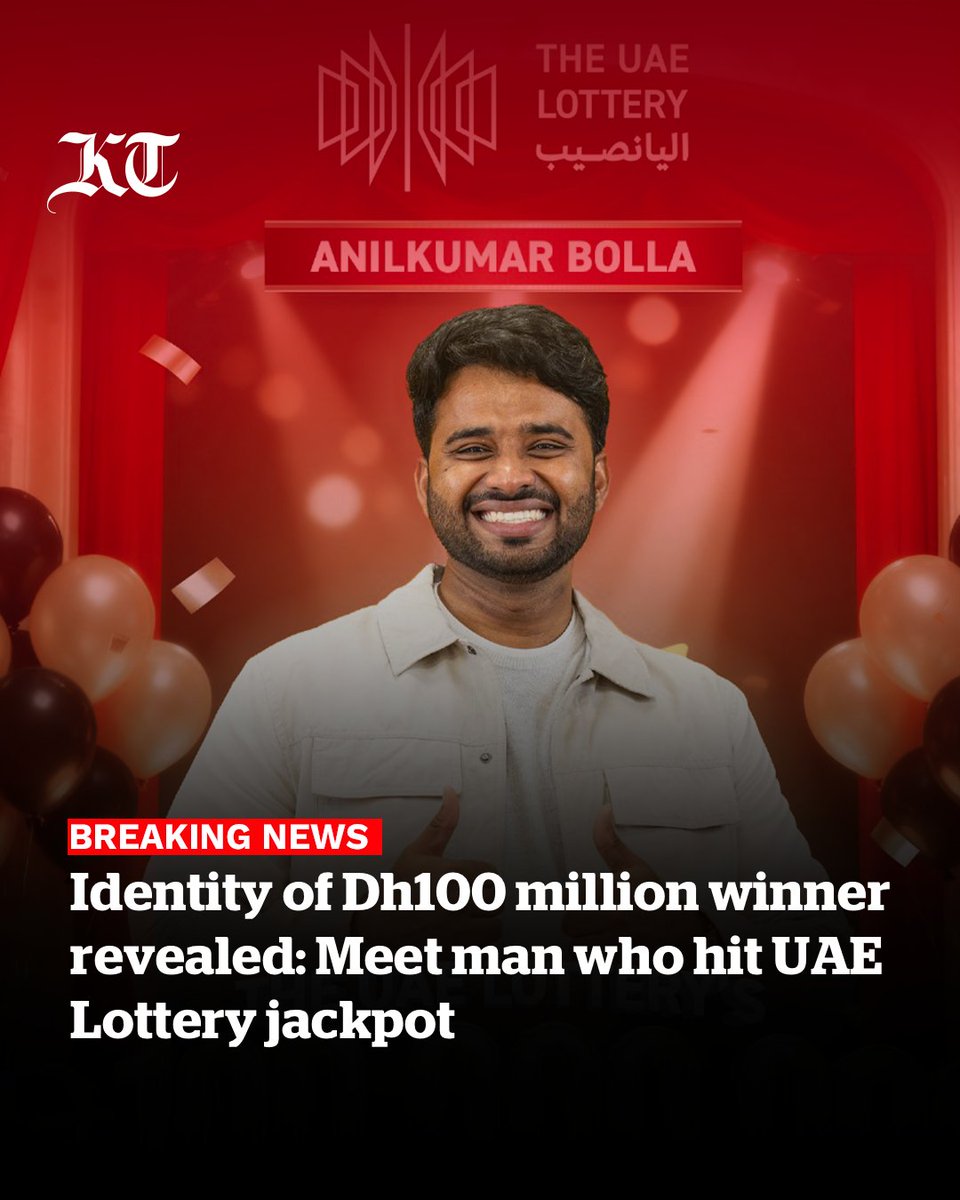 #breakingnews‌ 
The mystery is finally over as the identity of one lucky #UAE resident who became Dh100 million richer overnight has been revealed. 

The UAE Lottery has officially named #Indian expat Anilkumar Bolla as the winner of the record-breaking Dh100 million jackpot -