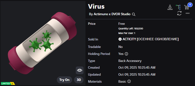 Xh0PlUgc's tweet image. 🔴New limited item &lt;&lt; ACTICITY &gt;&gt;
📦Stock: 200
❗How to get it: You will need to log into the game and play it for 10 minutes and then you can get it.
➡️roblox.com/catalog/139447…
➡️roblox.com/games/78658895…
#Roblox #RobloxDev #RobloxFreeUGC #RobloxUGCLimited