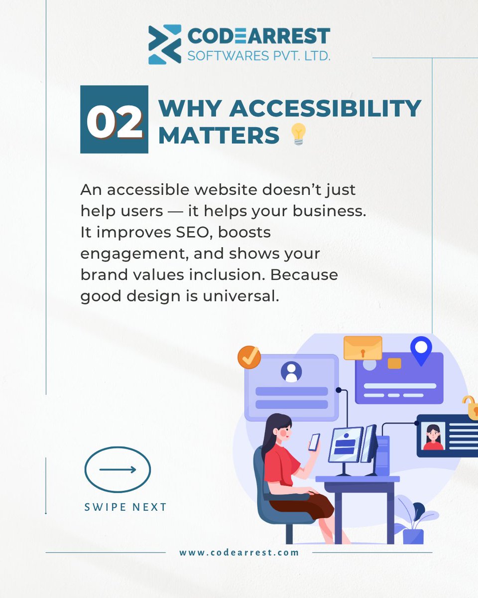 codearrest's tweet image. Design for everyone, not just for some ๐๐ป
At CodeArrest, we build websites that include everyone. ๐กโจ
#AccessibilityMatters #InclusiveWebDesign #CodeArrest #WebDesignForEveryone #DigitalInclusion #UXDesign #WebDevelopment #DesignWithPurpose #AccessibleWebsites #TechForGood