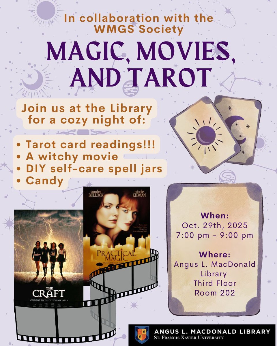 Join the WMGS Society and the Library for a Magic, Movies and Tarot Night on Wednesday October 29th from 7-9pm on the third floor of the Library, room 202. 

This will include tarot card readings, a witchy movie, DIY self-care spell jars and candy! 

We'll see you there 🧙‍♀️ 🧙‍♀️
