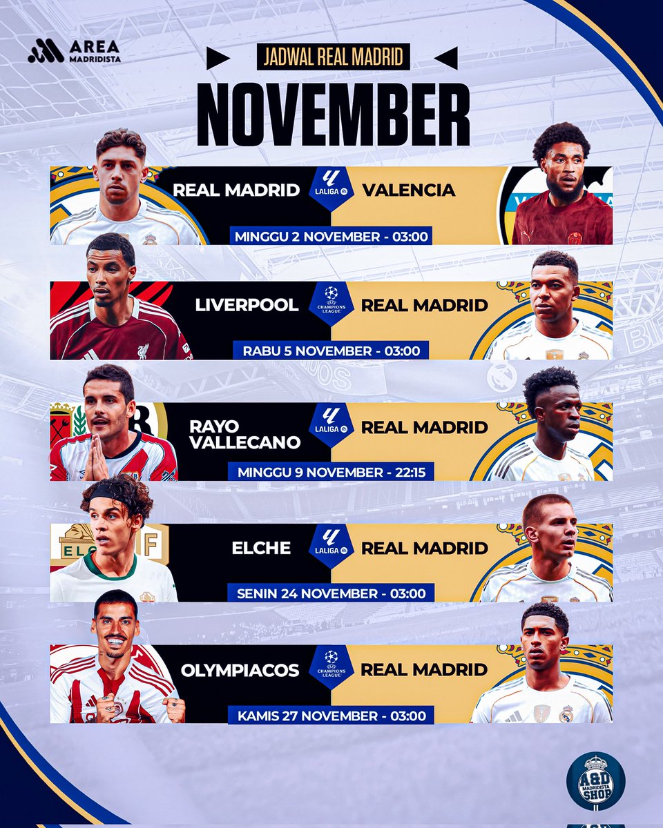 AreaMadridista_'s tweet photo. 📅 Jadwal Real Madrid Bulan November.

5 Pertandingan akan dimainkan oleh Real Madrid bulan ini, 3 La Liga &amp; 2 Champions League.
Ada Match UCL melawan Liverpool, sepertinya akan berjalan panas &amp; seru 👀

Bismillah bisa sapu bersih 🙏🏻
¡VAMOSSSS! 🤍

📌 Save The Date!

#HalaMadrid https://t.co/S9DUEsRHuW