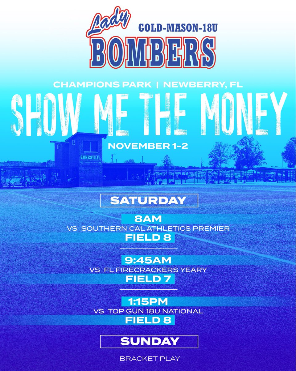 bombers_18u's tweet photo. 🚨schedule drop🚨for @PGFnetwork Show Me The Money this weekend (Nov 1-2) at Champions Park in Newberry Fl. 🥎🔥💪 https://t.co/P2rE7bb710