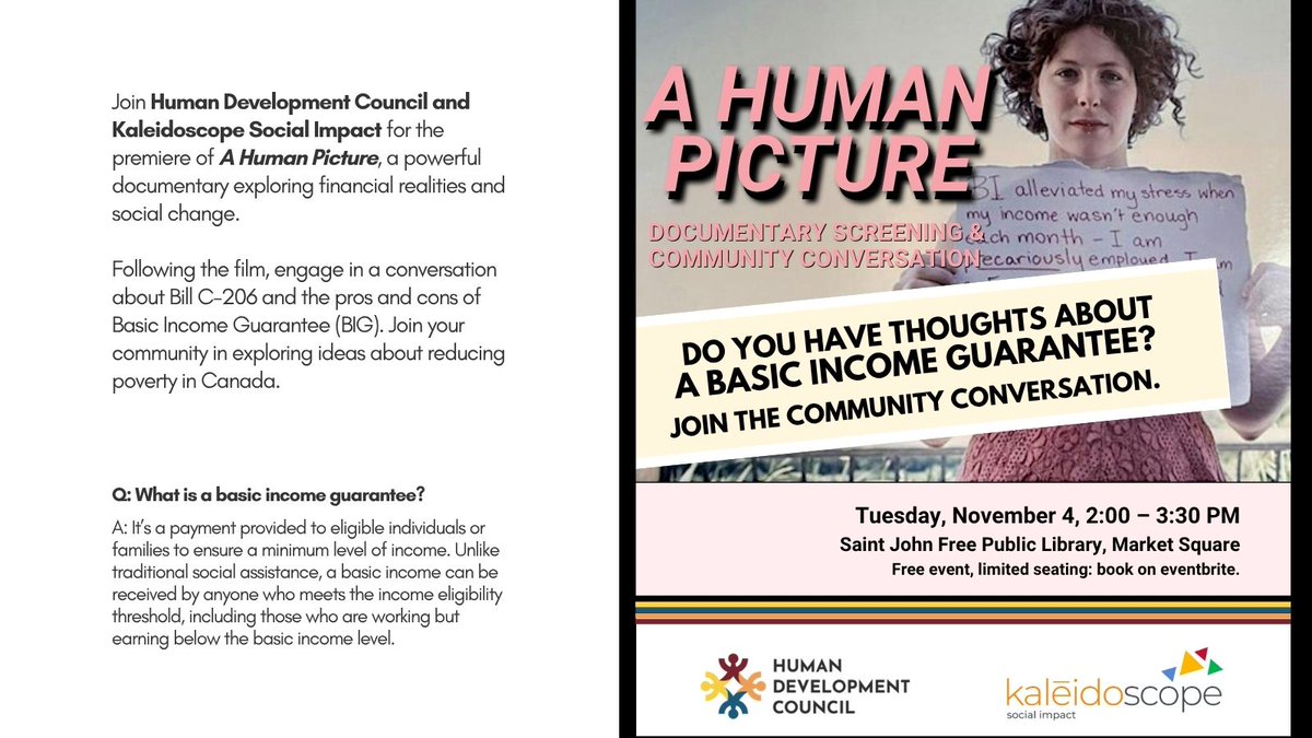 SaintJohnHDC's tweet image. Mark your calendar.

Free tickets (but limited seats!) → 
eventbrite.ca/e/a-human-pict…

#ahumanpicture 
#humandevelopmentcouncil 
#kaleidoscopesocialimpact 
#documentaryscreening 
#CommunityConversation 
#basicincome 
#socialjustice