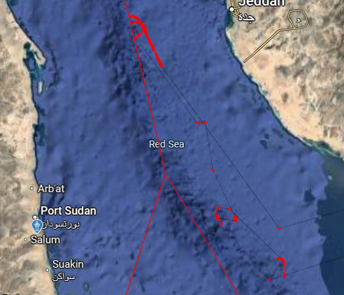 النقاط الحمراء أدناه توضح مناورة الدرون بجوار الأجواء السودانية وبمحاذاة الحدود السودانية مع البحر الأحمر.