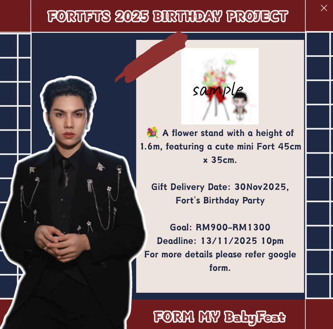 vivict_05's tweet photo. Fort’s birthday project 2025✨🎂

💐 A flower stand 1.6m + a cute mini Fort 45cm x 35cm.
🔗：https://t.co/ZT3jAfhUnR

Target：RM900-RM1300

All interested MY BBF &amp; CFZ wlc to join us and details in the poster ka💗

#FortFTS #ComeFortZon #BabyFeat
#FortasticFieldFest https://t.co/USPyKYOpsr