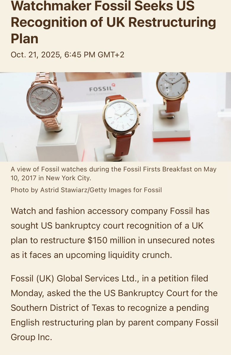 macroschema's tweet image. #Fossil is a US-headquartered Swisswatchmaker that sells or has sold Danish, Italian and German watches assembled in China using Japanese movements possibly made in Malaysia.
Now fossil has filed for bankruptcy, in England .