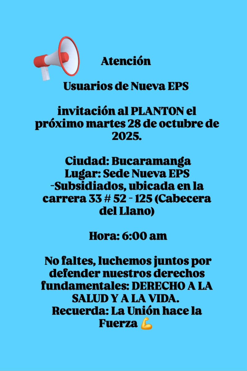 Exigimos solución inmediata y permanente <a href="/JoseMAcevedo/">José Manuel Acevedo</a> <a href="/NuevaEPS_/">NUEVA EPS</a> <a href="/Supersalud/">Supersalud</a> <a href="/JotaLGarcia/">José Luis García</a> <a href="/Pacientesco/">Pacientes Colombia</a> <a href="/MinSaludCol/">MinSalud Colombia 🇨🇴</a> <a href="/vanguardiacom/">Vanguardia</a> <a href="/RevistaSemana/">Revista Semana</a> <a href="/PGN_COL/">Procuraduría General de la Nación</a> <a href="/AsubimI/">FUNDACION ASUBIM.PRO</a> <a href="/losdanieles/">Los Danieles</a> <a href="/Salud_Bga/">Secretaría de Salud y Ambiente</a> <a href="/mareba78/">Marly Reyes B</a>