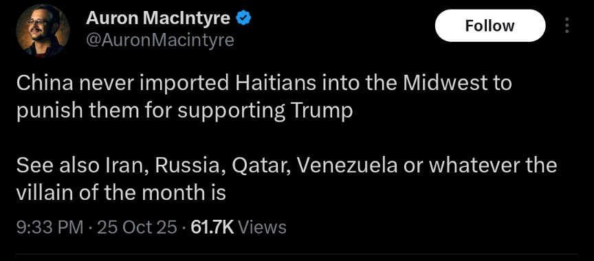 Jared Howe (@sirjaredofhowe) on Twitter photo 100% incorrect. 
Russia and China are both major players in the international human smuggling "industry." 
Venezuelans have likewise been invading the country en masse. 
Is Auron paid to be this stupid or is he just intrinsically motivated and naturally gifted at it? 100% incorrect. 
Russia and China are both major players in the international human smuggling "industry." 
Venezuelans have likewise been invading the country en masse. 
Is Auron paid to be this stupid or is he just intrinsically motivated and naturally gifted at it?