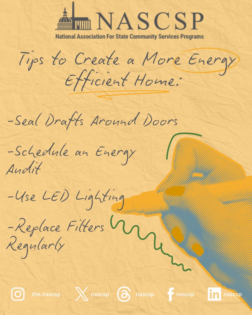 NASCSP's tweet image. Quick ways to save energy:

 ✅ Seal drafts
 ✅Replace filters
 ✅Switch to LEDs
 ✅ Get an energy audit

Every step helps. 

#EnergyAwarenessMonth #WeatherizationWorks