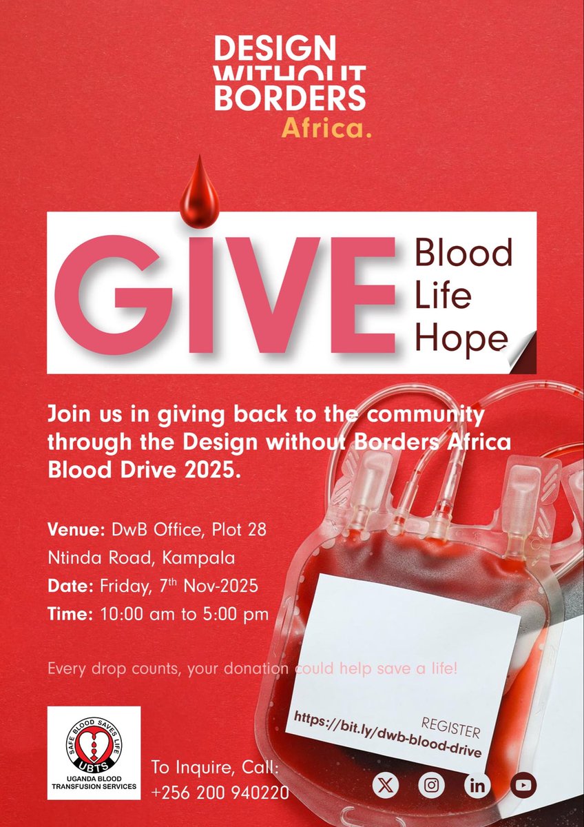 rukundobrenda's tweet image. 🩸 Every drop counts!

Join the @DwB_Africa Blood Drive on Nov 7 at Plot 28 Ntinda Rd, Kampala.

Time: 10AM–5PM 

🔗 Register here: bit.ly/dwb-blood-drive

#BloodDrive #GiveBloodSaveLives #KampalaEvents #DwBAfrica