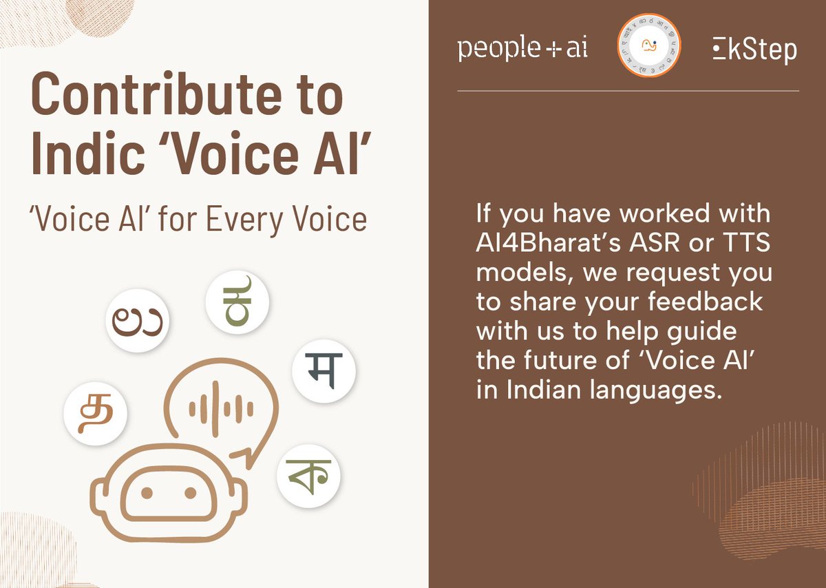 🎙️ Have you used our ASR or TTS models?

We’re seeking feedback from professionals, developers, and researchers using AI4Bharat’s ‘Voice AI’ tools. Your input will help improve future releases and support the ‘Voice AI’ ecosystem for Indian languages.

🔹 Why participate?
-