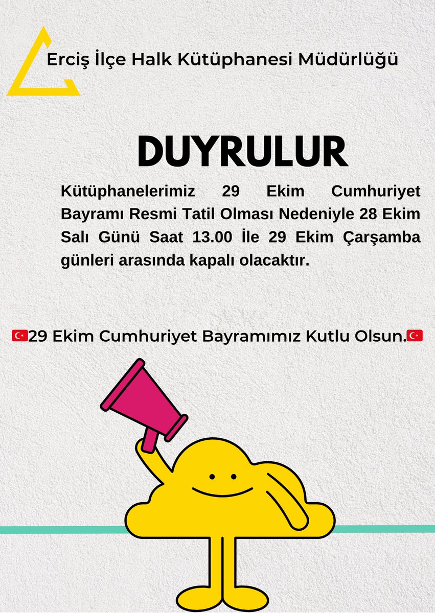 📢 DUYURU

Kütüphanelerimiz 29 Ekim Cumhuriyet Bayramı Resmi Tatil Olması Nedeniyle 28 Ekim Salı Günü Saat 13.00 İle 29 Ekim Çarşamba günleri arasında kapalı olacaktır.