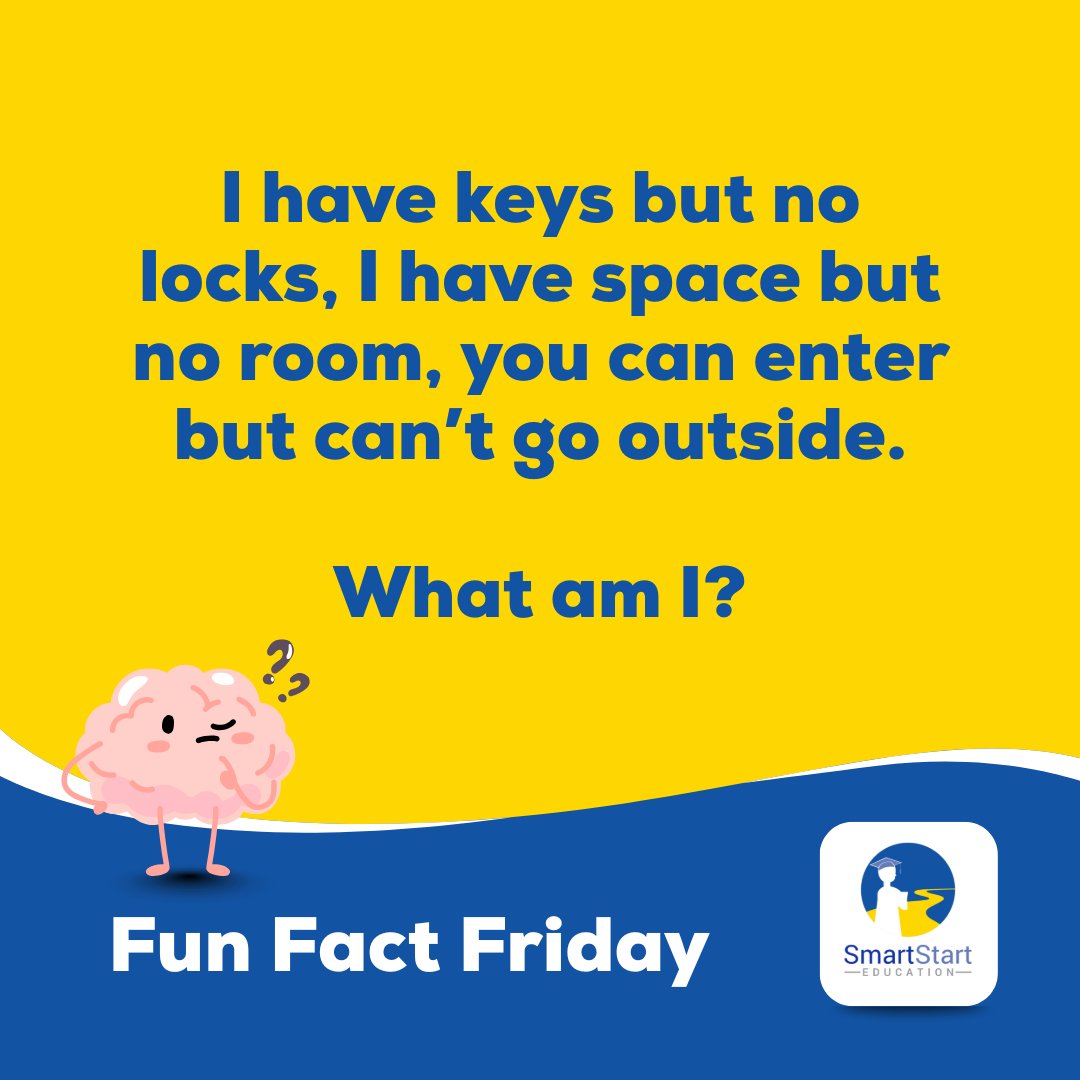 SmartStartED's tweet image. 🧠💡Did you know that students who take just 10 minutes a day to solve brain teasers improve their problem-solving skills and memory? Try this one:
‘I have keys but no locks, I have space but no room, you can enter but can’t go outside. What am I?’ 🤔
Comment your answer below!⬇️