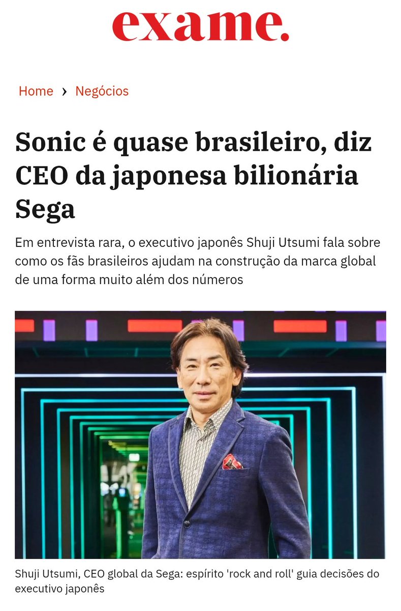 ViuvasDoArcade's tweet image. “Nós já ouvimos que muitos brasileiros pensam no Sonic como um deles, quase como se ele fosse brasileiro também”, diz Shuji Utsumi, CEO global da Sega, em entrevista exclusiva a EXAME. “Para nós, o Brasil não é só um mercado; é uma força cultural”.